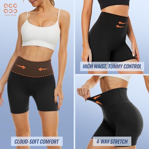 High Waisted Biker Shorts Women 3/5/8 Inch Inseam - Black Spandex Workout Leggings with Tummy Control, 5 Inch No Pockets, Large-X-Large