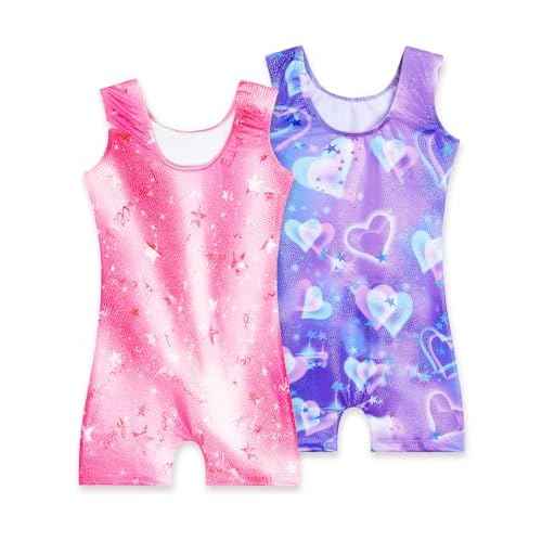 2 Pack Leotard for Girls Gymnastics Sparkly Tumbling Unitards with Shorts Sleeveless One Piece Biketards