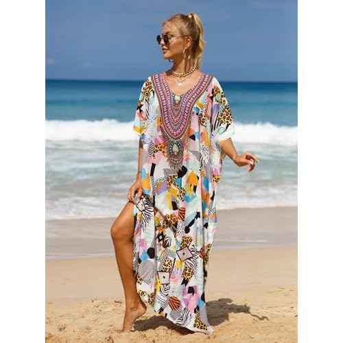 Women's V-Neck Batwing Sleeve Kaftan Dress Lightweight Beach Swimwear Cover Up for Mumu Tropical Vacation