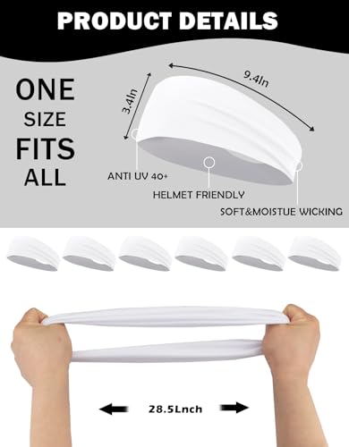 White 6 Pack Sports Headbands for Men & Women, Sweat-Wicking Workout Hairbands