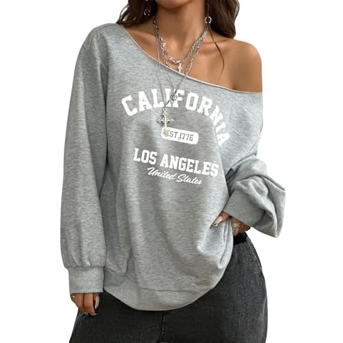 SOLY HUX Women's Off The Shoulder Sweatshirts Oversized Streetwear Long Sleeve Graphic Pullover Tops