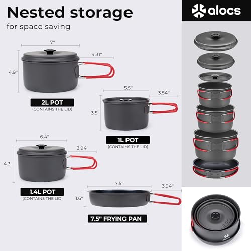 Camping Cookware Set 2.2L + 1.2L + 1L Pots and 19.1cm Non-Stick Pan - Lightweight & Portable