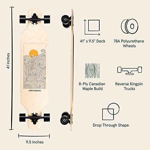 Retrospec Rift Drop-Through Longboard Skateboard Complete Canadian Maple Wood Cruiser w/Drop-Through Trucks for Commuting, Cruising, Carving & Downhill Riding