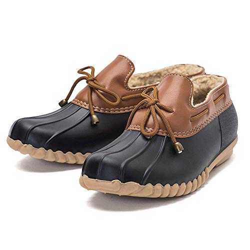 Women's Waterproof Snow Loafer Shoes with Fur Lining - Black, Size 8 - Slip-On Flat Duck Shoes