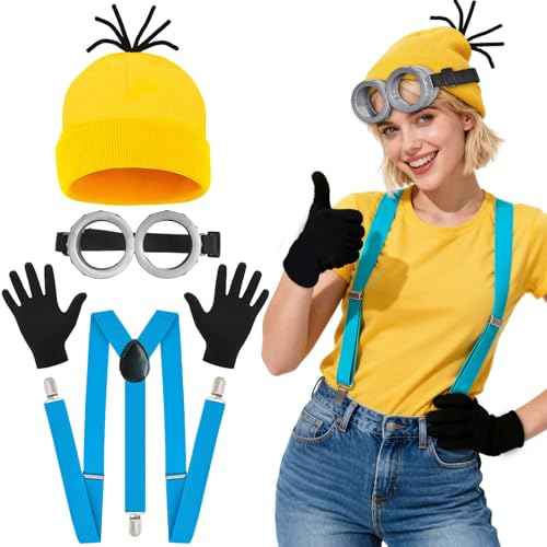 4 Pcs Halloween Costume Accessories for Adult Kids Goggles Yellow Beanie Gloves Suspenders - Cosplay Party Dress Up