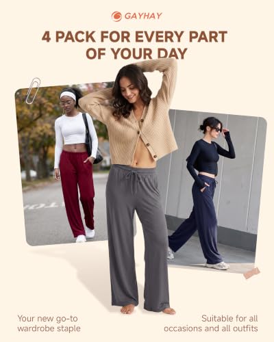 GAYHAY 4 Pack Women's Wide Leg Lounge Sweatpants with Pockets - Large Dark Grey, Black, Navy Blue, Wine