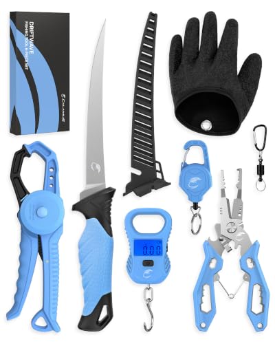 Calamus DriftWave 6-Piece Fishing Tool Kit with Pliers, Lip Gripper, Fillet Knife, Scale & Glove