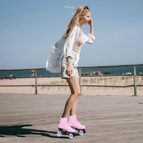 Pink High-Top Roller Skates for Women Men Double-Row PU Wheels - Size 40 US / 9 Women, 7.5 Men