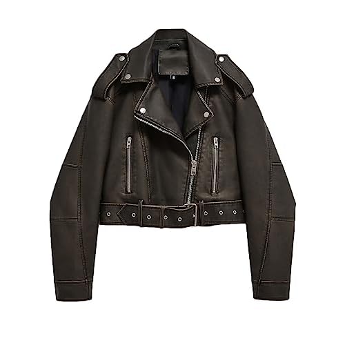 LY VAREY LIN Women Faux Leather Cropped Jacket Lapel Zipper Biker Short Coat with Belt
