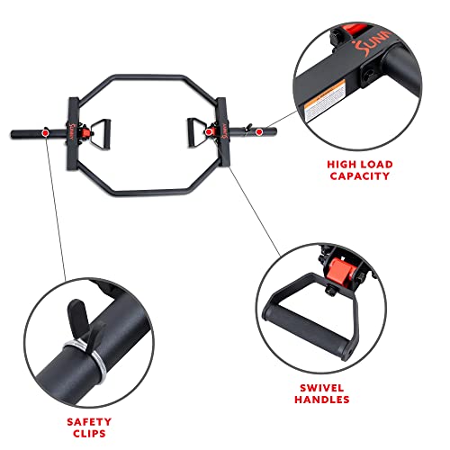 Sunny Health & Fitness Strength Training Olympic Hex Bar Barbell, High Load Capacity, Swivel Handles, Safety Clips, Knurled Handles for Deadlifts, Shoulder Presses, Shrugs, Back Rows, Weightlifting