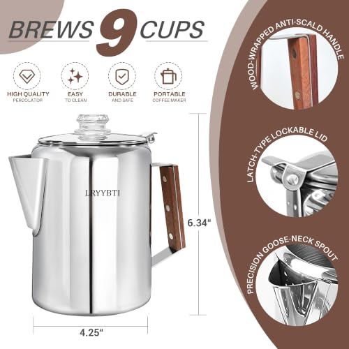 9 Cup Stainless Steel Coffee Percolator - Camping & Stovetop Brew