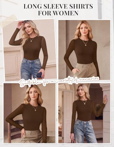 Ekouaer Women's Mesh Long Sleeve Top Fall Fashion Crew Neck Slim Fit Shirt - Small, Brown