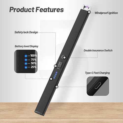VEHHE Candle Lighter, Windproof Pulse Electric Lighter with Anti-False-Touch Lock and Led Display, Lighters for Candle BBQ Camping Festivals-Black