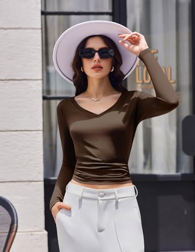 Women's Long Sleeve Ribbed Thermal Shirt V-Neck Undershirt Medium Black Dark Brown Cream
