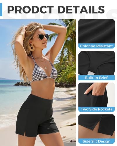 Women Swim Shorts 5 Inch High Waist Quick Dry Beach Bathing Suit - Black, Large