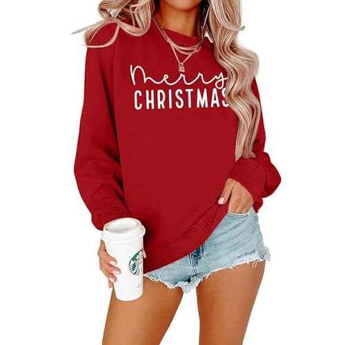 Merry Christmas Sweatshirts Women Classic Merry Letter Print Sweatshirts Xmas Holiday Party Pullover Blouse