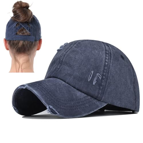 Black Navy Distressed Ponytail Hat for Women - Criss Cross Baseball Cap with High Bun, 2 Pack