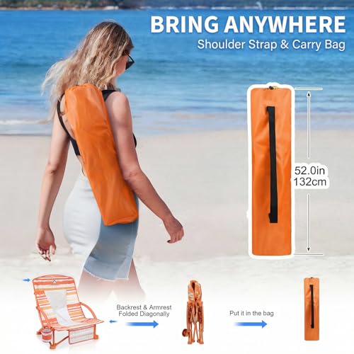 Heavy Duty Folding Beach Chairs 2 Pack with Cooler Bag - Orange Strip Low Back