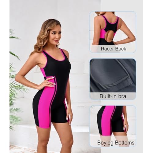 Halcurt Women's Boyleg One Piece Swimsuit Racerback Athletic Boyshort Bathing Suit