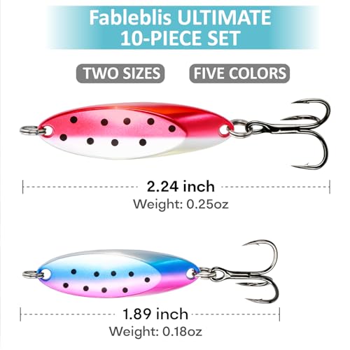 10pcs Fishing Spoons Lures Kit for Trout Bass Walleye - 2 Sizes