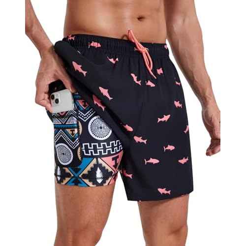 Mens Swim Trunks with Compression Liner 5" Stretch Beach Shorts 2 in 1 Quick Dry with Zipper Pockets Board Shorts