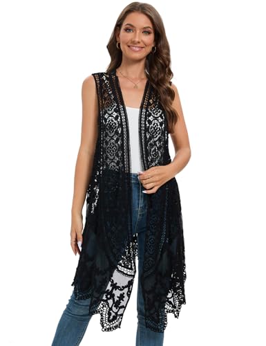 Black Sheer Crochet Cardigan Cover Up Mesh Hippie Vest - Sleeveless