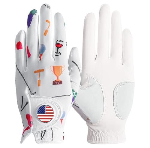 Left Hand Women's Golf Glove with Ball Marker - Wine & Golf Pattern, Medium