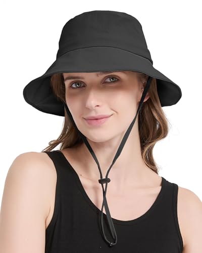 Black Waterproof Bucket Hat for Women UV Sun Protection Wide Brim Packable