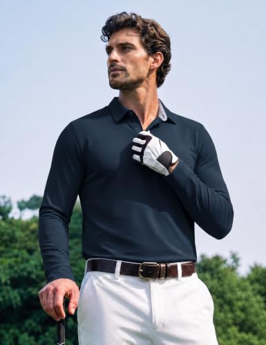 Men's Long Sleeve Polo Shirt Performance Quick Dry Golf Shirt Large Navy