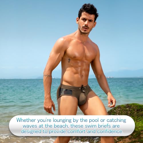 Men's Printed Swim Briefs - Arjen Kroos Pattern Bikini Swimsuit with Drawstrings, Lined Pouch - Army Green / Medium