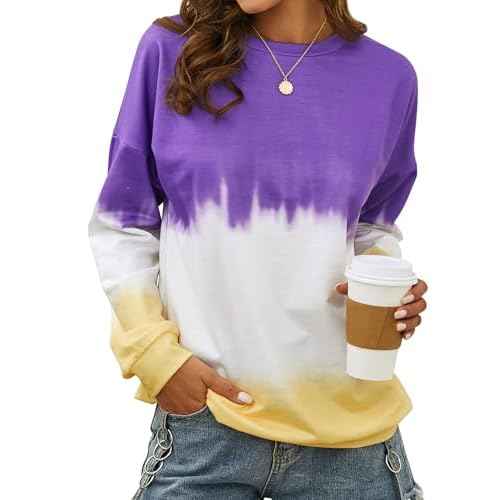 Dresswel Women's Oversized Crew Neck Tie Dye Sweatshirts with No Hood Plus Size Casual Color Block Long Sleeve Pullover Tops