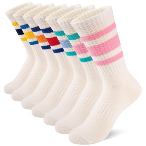 Girls Crew Socks 7 Pairs Kids Athletic Calf Socks Casual Stripe White 10-12 Years