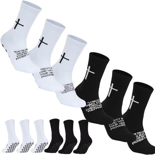 6 Pairs Cross Grip Soccer Socks for US 6-13 - Anti-Slip Christian Socks with Bible Verse, Jesus Sports Sock with Black and White Variation