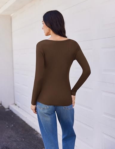 Women's Long Sleeve Ribbed Thermal Shirt V-Neck Undershirt Medium Black Dark Brown Cream