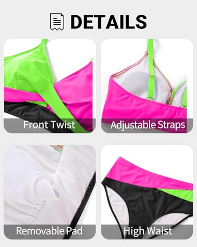 Plus Size High Waisted Bikini Set - Color Block Two-Piece Swimsuit, Green Pink Black 16