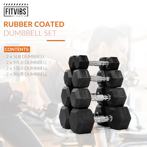 Fitvids Rubber Encased Hex Dumbbell Set Contoured Handle for Muscle Toning, Strength Building & Full Body Workout, 60LB, 100LB, 150LB and 550LB Set