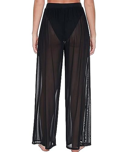 Women's Sheer Mesh Beach Cover Up Pants - Black, Medium