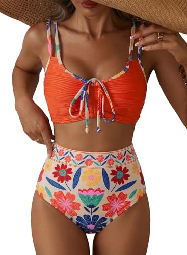 Herseas Women's High Waist Textured Tie Front Bikini Set - Large Orange Floral