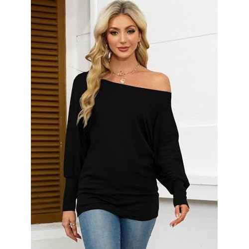 Eniloyal Women's Off Shoulder Tops Batwing Long Sleeve Shirts Loose Fall Fashion Blouse Tunic Oversized Pullover Sweater