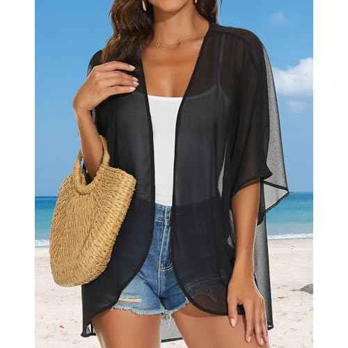 Womens Kimono Cardigans Beach Cover ups Swimwear Puff Sleeve Loose Casual Summer Tops