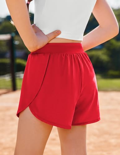 Girls Athletic Shorts with Pockets - Elastic Waist Running Shorts for 13-14 Years - Red