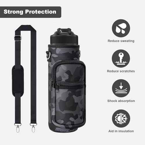 Water Bottle Carrier Bag, 25oz 32oz Crossbody Water Bottle Holder with Adjustable Shoulder Strap, Sling Bag Sleeve Pouch Holder with Phone Pocket and Small Pocket for Walking Hiking Camping Gym