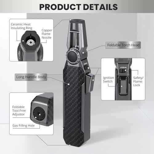 Butane Torch Lighter, Refillable Gas Lighter Cooking Torch, Adjustable Kitchen Torch with Safety Lock - Windproof Jet Flame Blue Fire for Camping Baking BBQ Grill Candle (Gas Not Included)