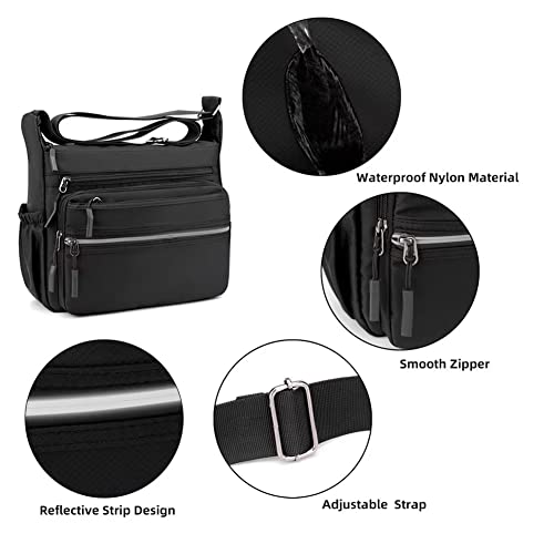 Mudono Waterproof Nylon Messenger Bag for Men - Black Multi-pocket Crossbody Travel Satchel