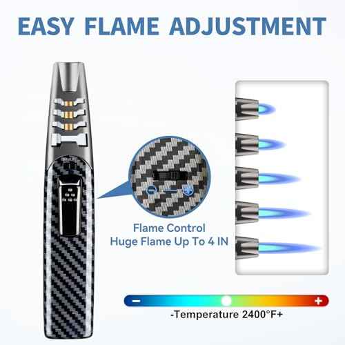 Torch Lighter, Butane Lighter, Adjustable Big Jet Flame Butane Torch, Windproof Refillable Gas Long Torch Lighter with Safety Lock for Candle Grill Camping BBQ Kitchen Soldering, Gas Not Included