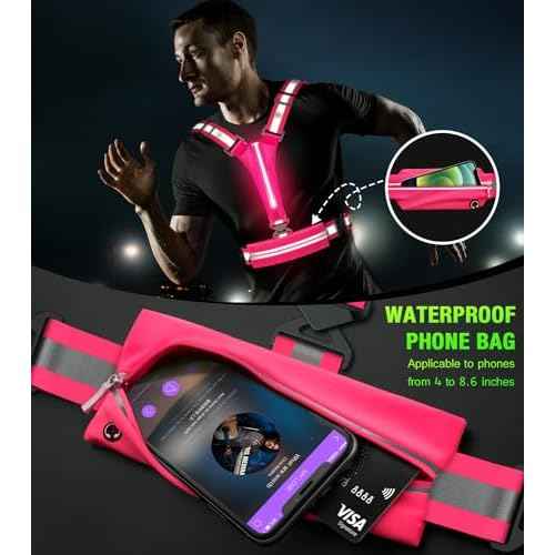 LED Reflective Vest Running Gear Set,USB Rechargeable Light Up Running Vest for Runners Night Walking with Waterproof Phone Bag,High Visibility Armband,Adjustable Waist&Shoulder for Men Women