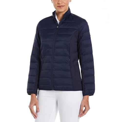 Perry Ellis Women's Long Sleeve Full-Zip Faux Down Jacket, Sun Protection, Mock Collar, Front Pockets, Warming & Flexible