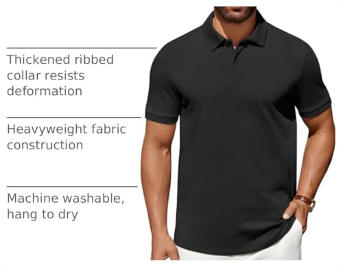 Men's Black Polo Shirt - 100% Cotton Heavyweight Short Sleeve Golf Top, Size Large