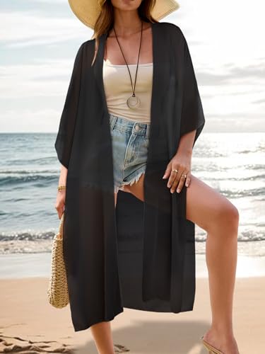 Women's Long Lightweight Kimono Cover Up Beach Swimsuit Boho Cardigan Large / 002 Black