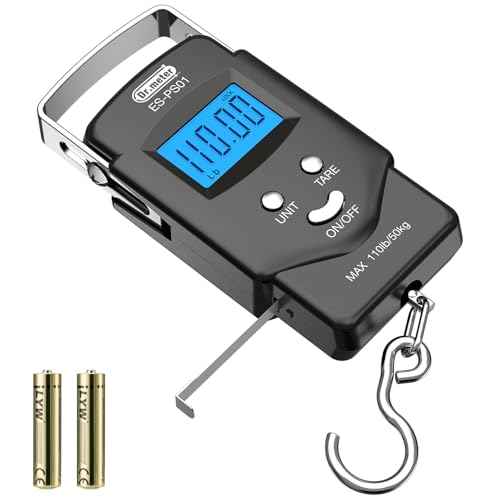 Fish Scale Luggage Scale Fishing Gear - 110lb Backlit LCD Display Digital Scale with Built-in Measuring Tape - Fishing Scale with 2 AAA Batteries, Pocket Size - Fishing Gifts for Men